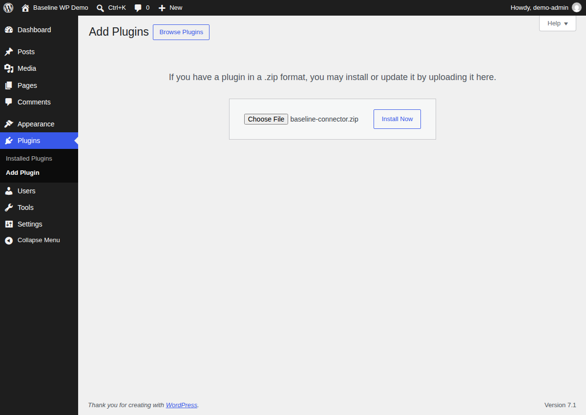 WordPress upload-plugin screen with baseline-connector.zip selected