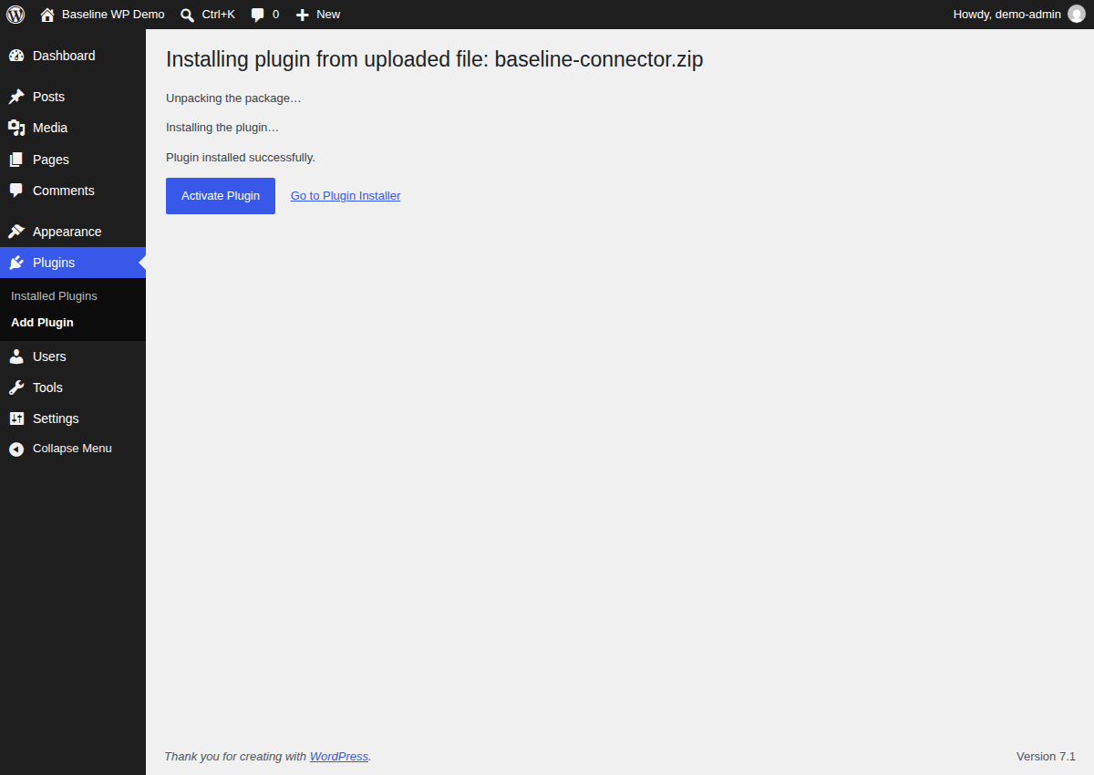 WordPress install-success screen with the Activate Plugin link
