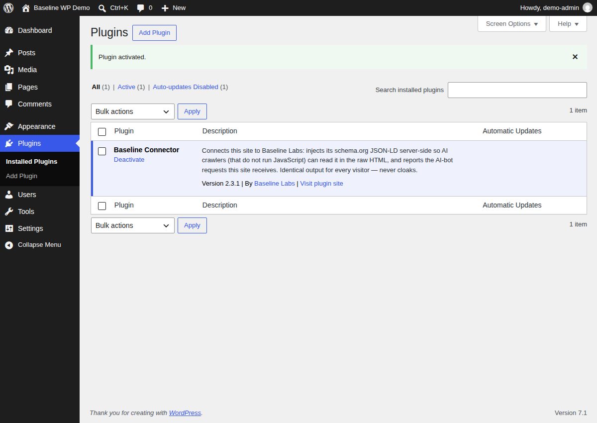 WordPress Plugins screen showing 'Plugin activated.' and Baseline Connector listed as active