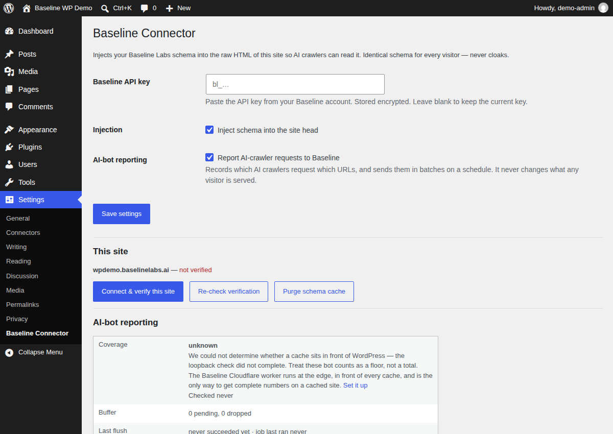 Baseline Connector settings screen with the API key field