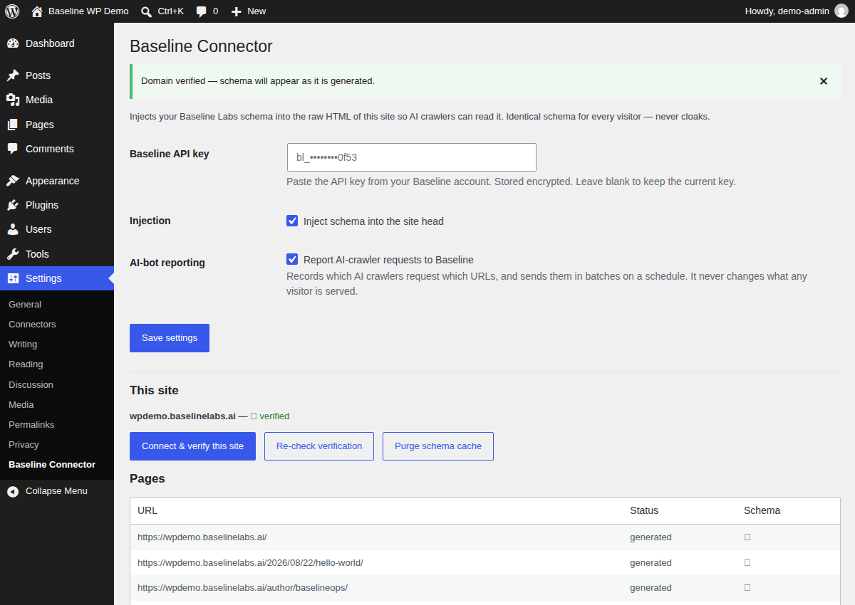 Baseline Connector settings screen showing Domain verified and the per-page schema table
