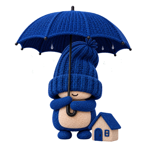 George, the Baseline Labs mascot, sheltering a small house under an umbrella
