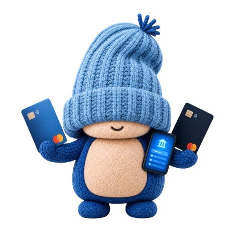 George, the Baseline Labs mascot, holding two bank cards and a phone banking app