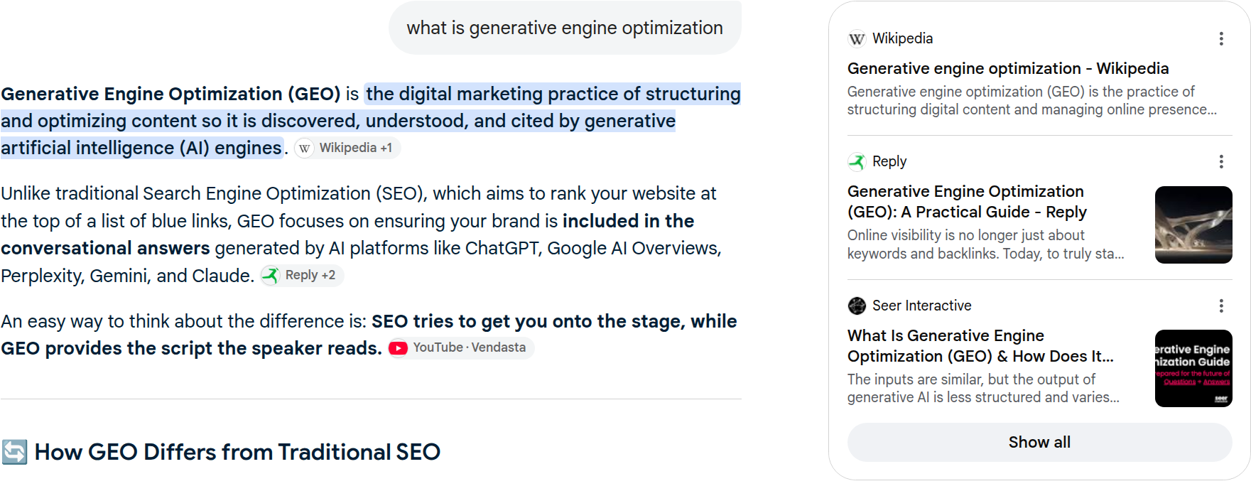 Google AI Mode answering a question about generative engine optimization, with the source cards it lists beside the answer.