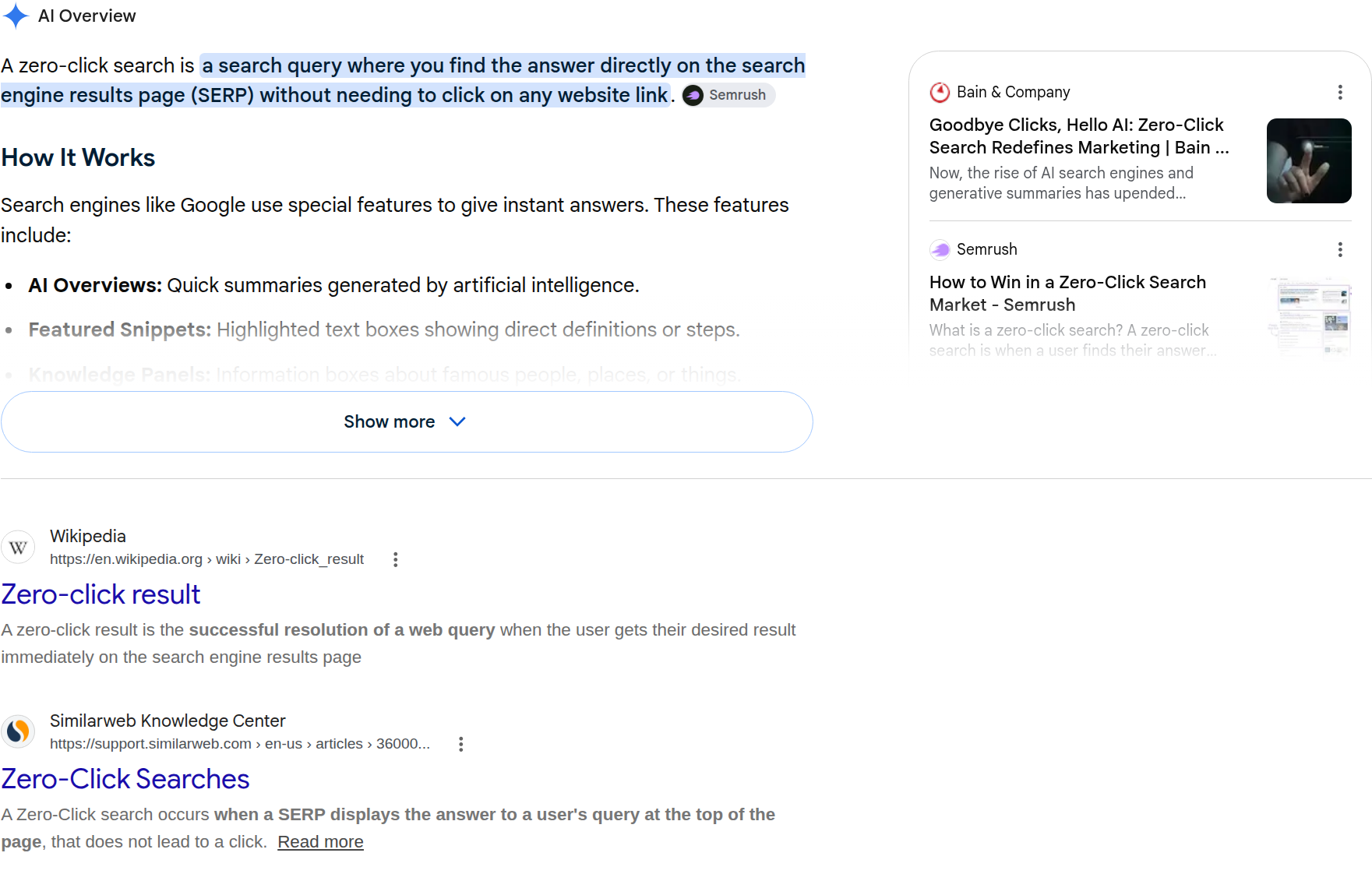 One query, two lists: the sources the AI Overview cites, and the organic results Google ranks underneath it.