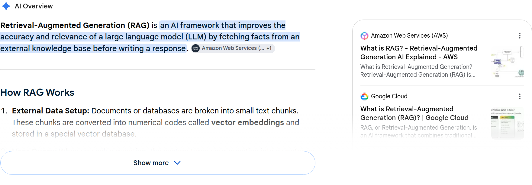 An AI Overview over an ordinary informational query, collapsed the way Google serves it, with the source cards it puts beside the answer.