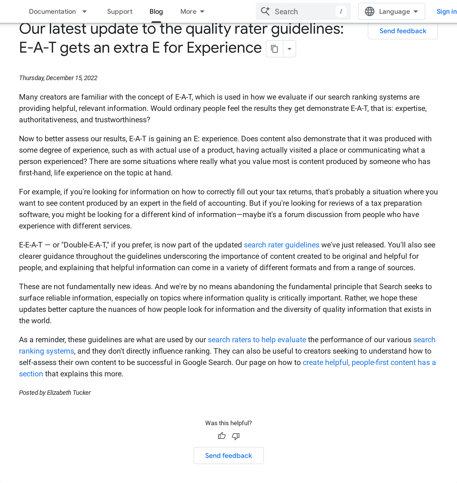 Google adding the second E in December 2022. The post is addressed to quality raters, who score sample results to evaluate ranking changes rather than scoring any live page.
