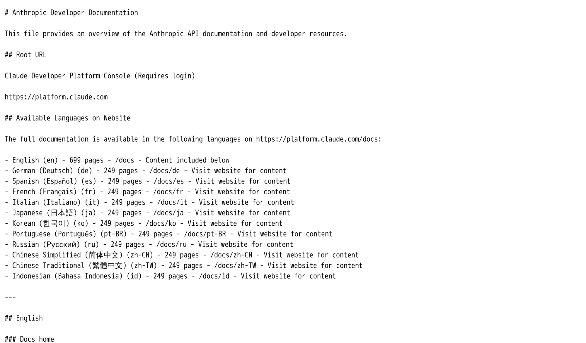 A real llms.txt. Anthropic's opens with a plain-text map of its documentation, counting 699 English pages and the same set again in nine other languages.