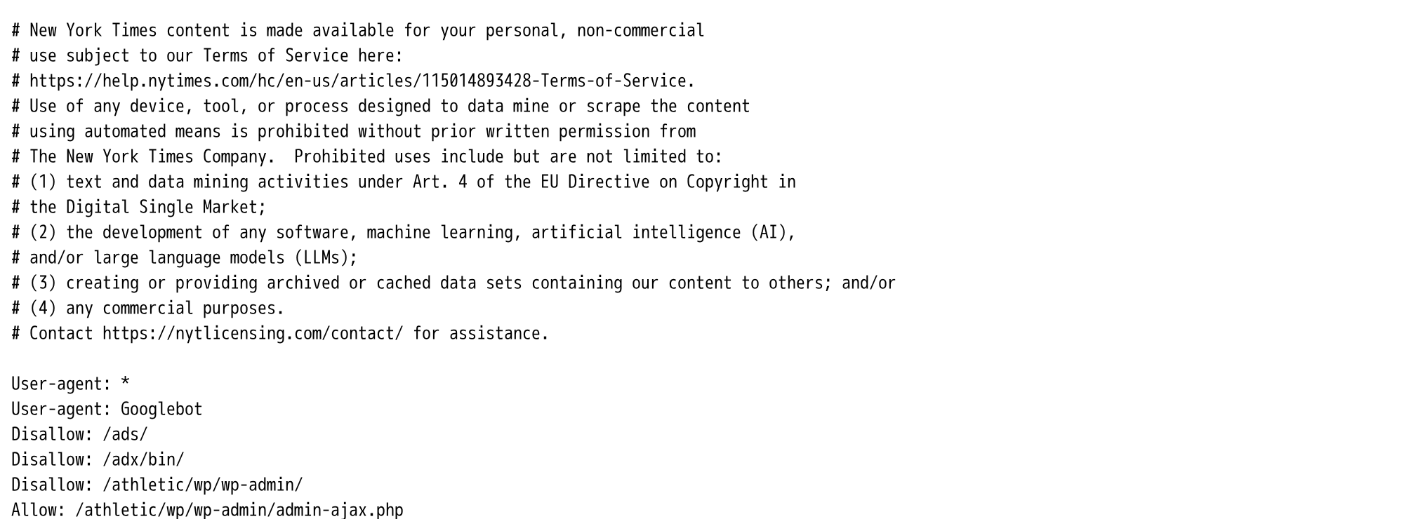 The New York Times opens its robots.txt with terms the protocol has no way to enforce, naming text and data mining under Art. 4 of the EU copyright directive and the training of large language models as prohibited uses.