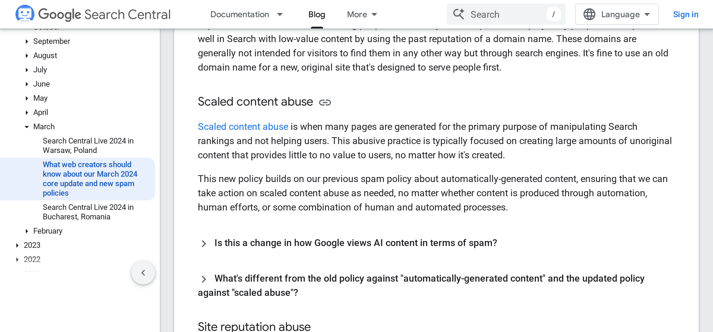 Google's own announcement of the policy, which turns on purpose rather than on authorship: pages made at scale to game rankings, whether a person or a model wrote them.