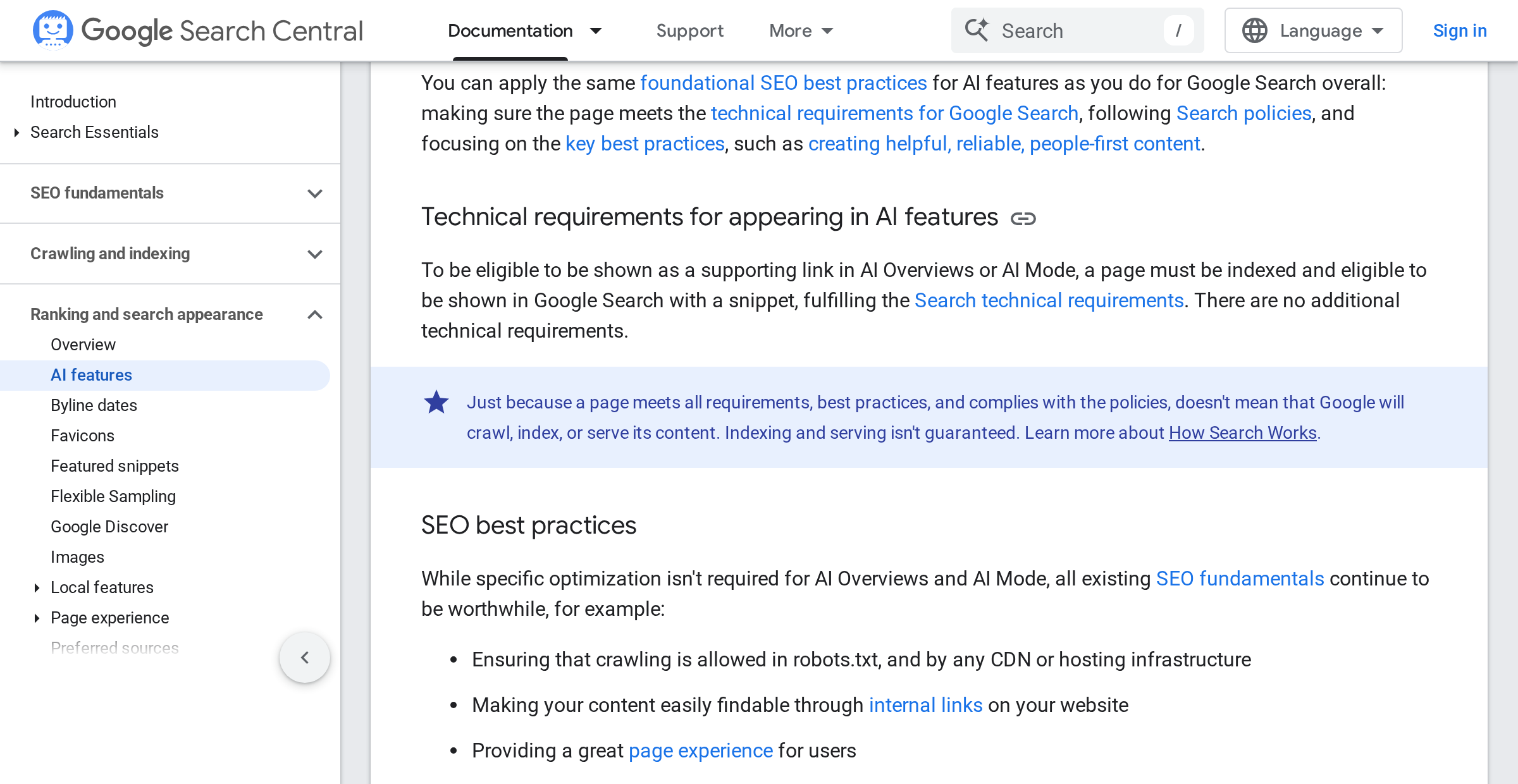 Google's stated requirements for appearing in AI features. Markup is not among them: the page asks for indexable content and preview permission, and points structured data at rich results rather than at AI answers.