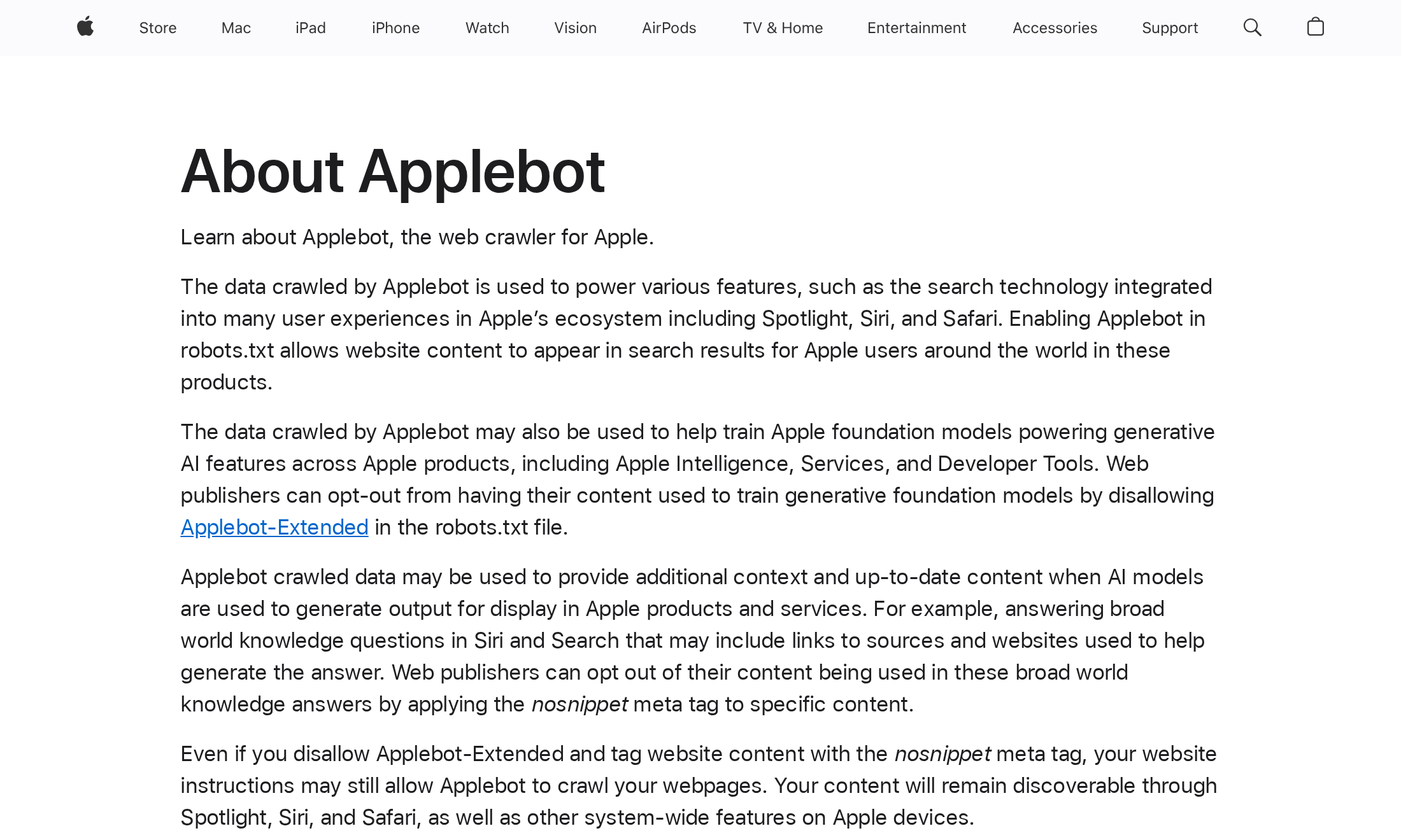 Apple's opt-out control, documented in its own support pages: Applebot-Extended governs training use only, and refusing it does not remove a site from Siri or Spotlight results.